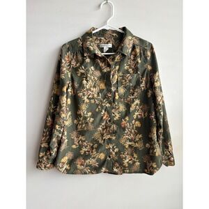 Christopher & Banks Green Floral Corduroy Button Down Women Small‎